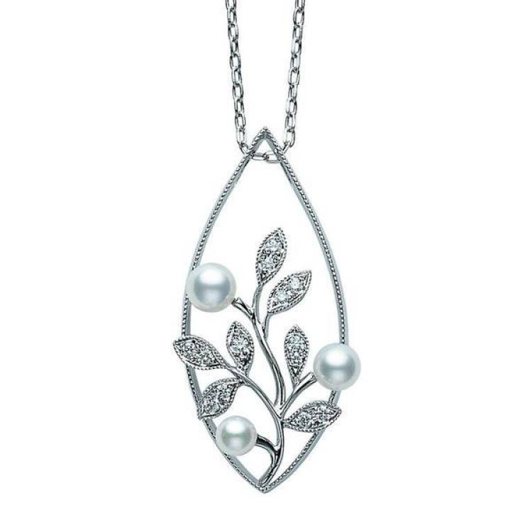 Mikimoto 18ct White Gold Diamond White Akoya Pearl Vine Necklace - Option1 Value White Gold