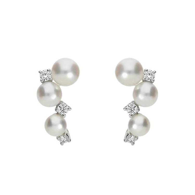 Mikimoto 18ct White Gold 4.25mm Akoya Pearl Diamond Earrings