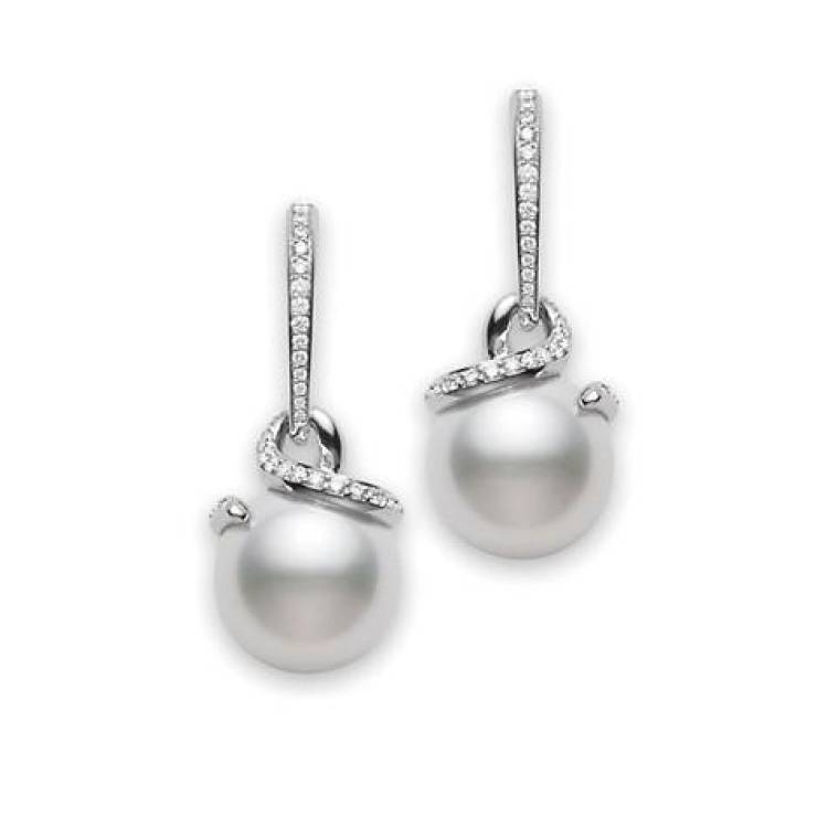 Mikimoto 18ct White Gold Diamond White South Sea Pearl Twisted Earrings - White Gold