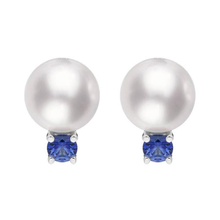 Mikimoto 18ct White Gold Sapphire 7.5mm White A+ Akoya Pearl Stud Earrings D - White Gold