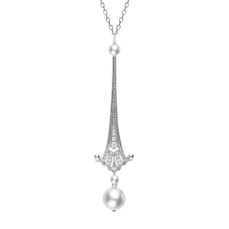 Mikimoto 18ct White Gold Akoya Pearl Diamond Art Deco Necklace