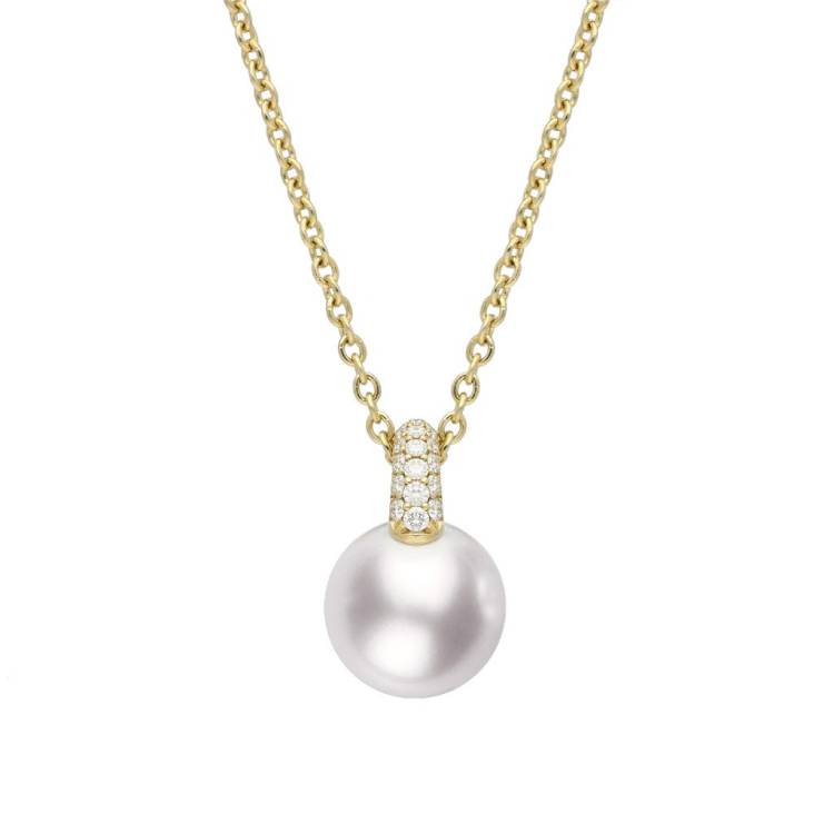 Mikimoto 18ct Yellow Gold 8.5mm White A+ Akoya Pearl Diamond Necklace - TITLE Yellow Gold
