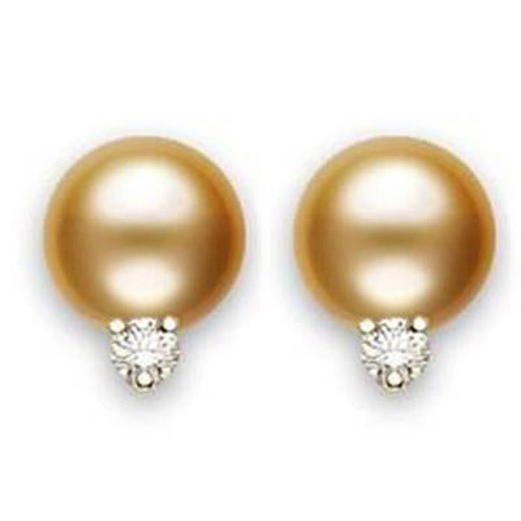 Mikimoto 18ct Yellow Gold Diamond 10mm A+ Golden South Sea Pearl Stud Earrings - Yellow Gold