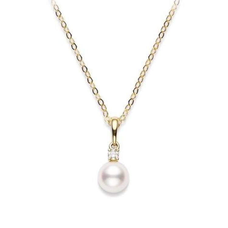 Mikimoto 18ct Yellow Gold Diamond 7mm White AA Akoya Pearl Necklace - TITLE Yellow Gold