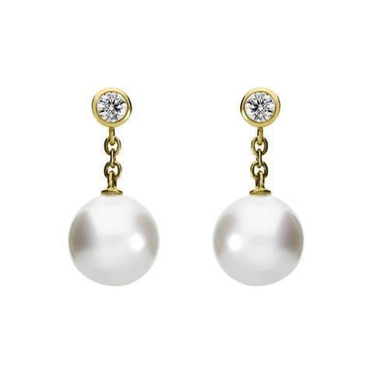 Mikimoto 18ct Yellow Gold Diamond 8mm White A+ Akoya Pearl Drop Earrings