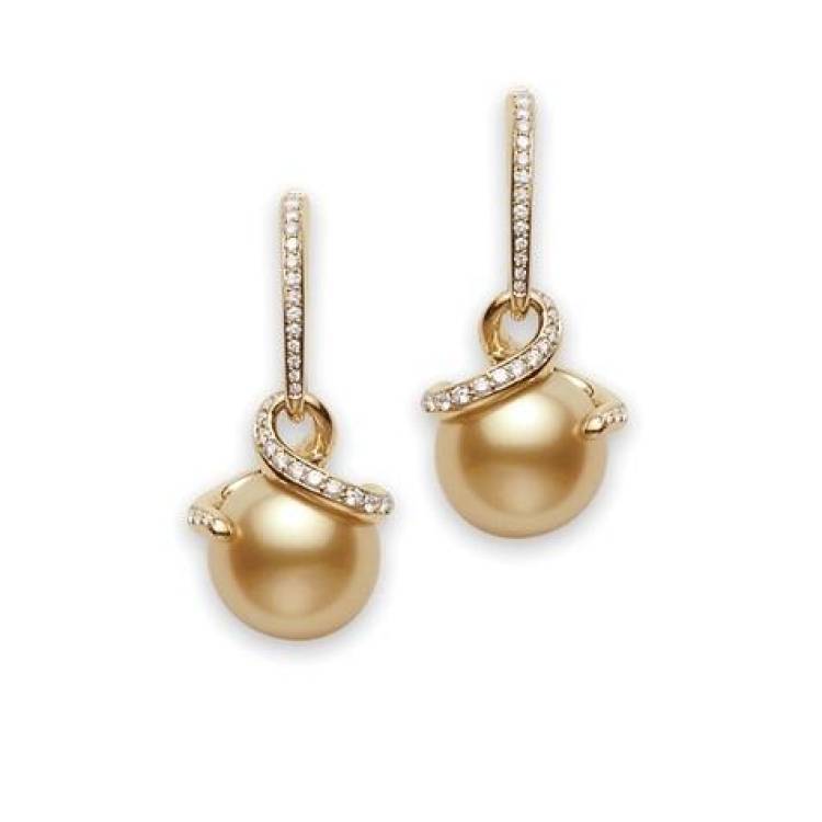 Mikimoto 18ct Yellow Gold Diamond Golden South Sea Pearl Twisted Earrings - Yellow Gold