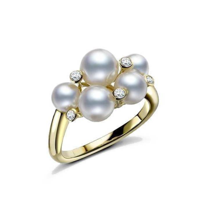 Mikimoto 18ct Yellow Gold Diamond White Akoya Pearl Bubble Ring - 52