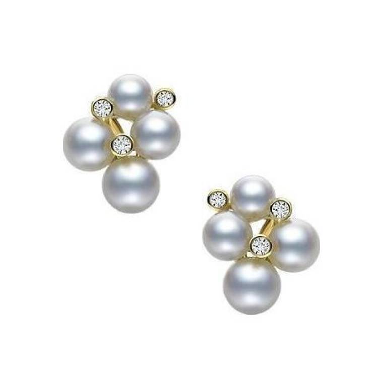 Mikimoto 18ct Yellow Gold Diamond White Akoya Pearl Bubble Stud Earrings - Yellow Gold