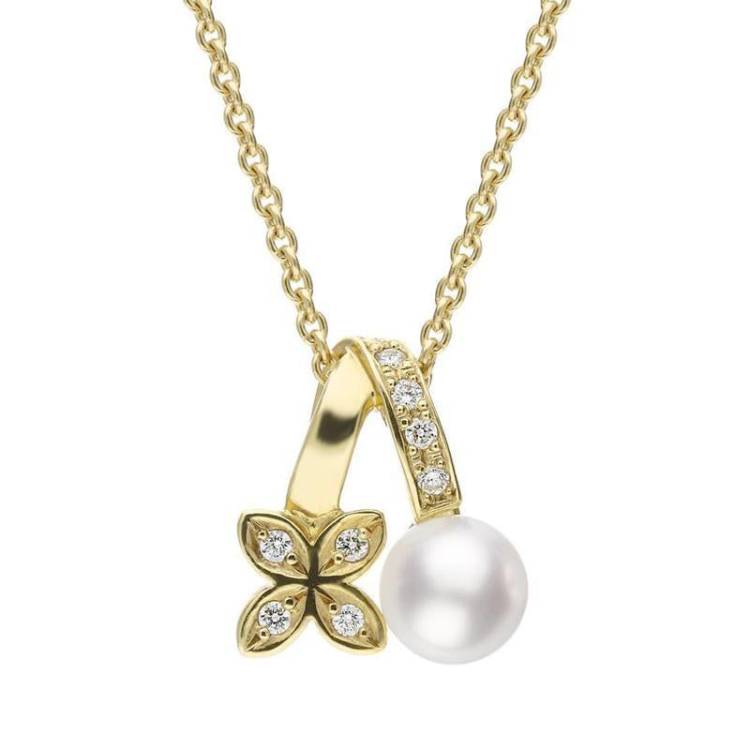 Mikimoto 18ct Yellow Gold Diamond White Akoya Pearl Flower Necklace - Yellow Gold