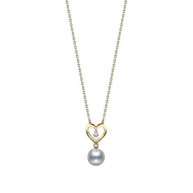 Mikimoto 18ct Yellow Gold Diamond White Akoya Pearl Heart Necklace - Option1 Value Yellow Gold
