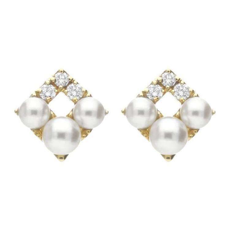 Mikimoto 18ct Yellow Gold Diamond White Akoya Pearl Stud Earrings - Yellow Gold