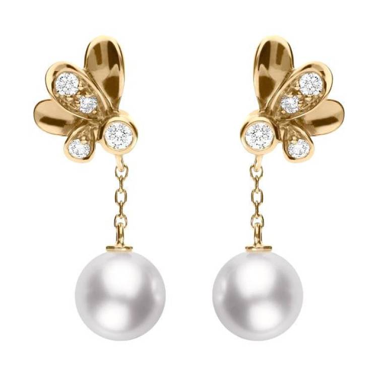 Mikimoto Dandelion 18ct Rose Gold Diamond Pearl Earrings - Option1 Value Rose Gold