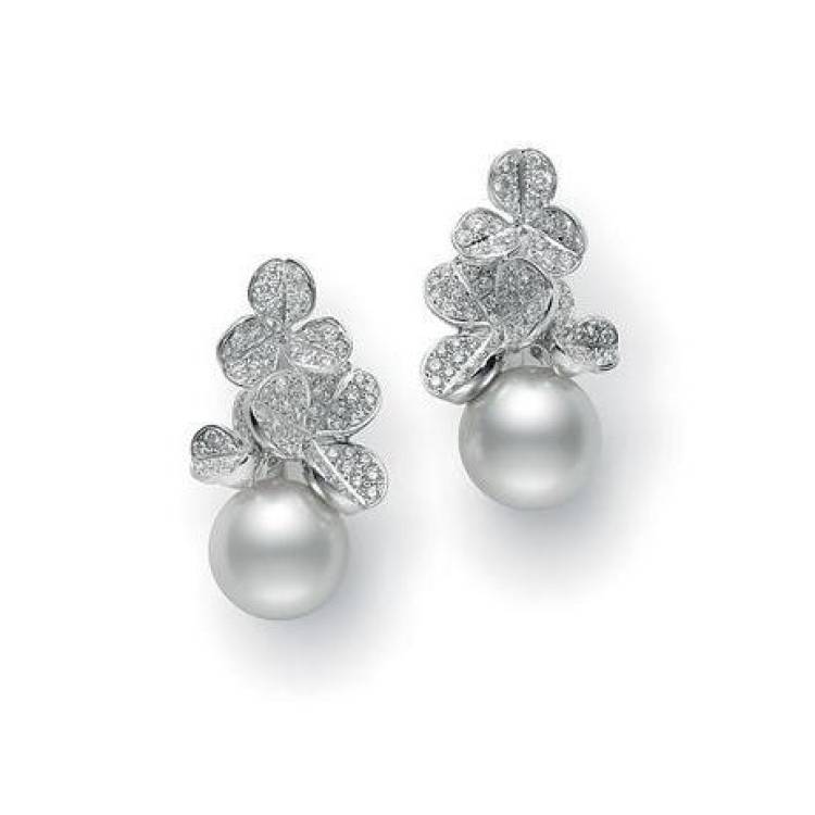 Mikimoto Fortune Leaves 18ct White Gold 12mm South Sea Pearl 1.20ct Diamond Earrings - TITLE White Gold