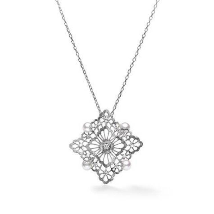 Mikimoto Lace 18ct White Gold Diamond White Akoya Pearl Necklace - White Gold