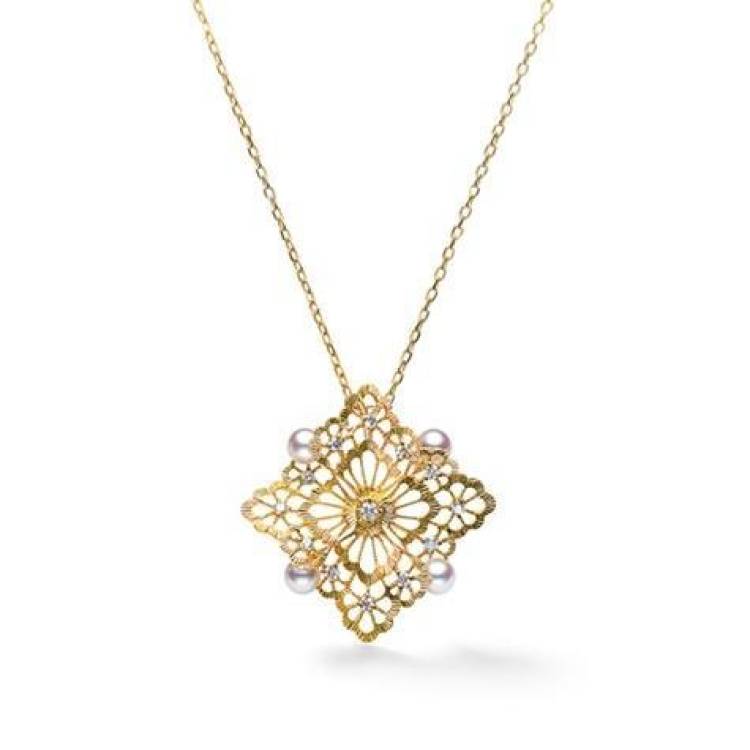 Mikimoto Lace 18ct Yellow Gold Diamond White Akoya Pearl Necklace - Yellow Gold