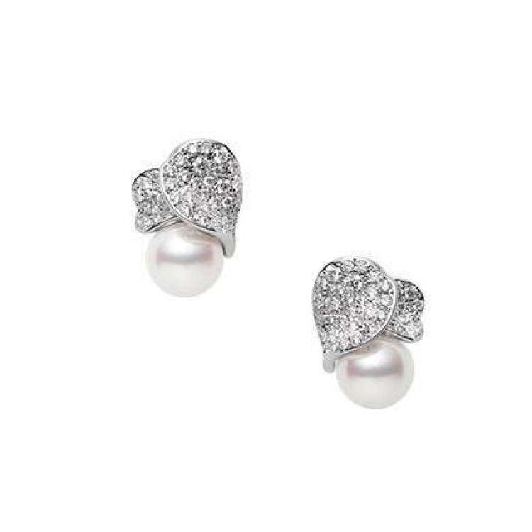 Mikimoto Les Petales Place Vendome 18ct White Gold 8mm Akoya Pearl Diamond Earrings - TITLE White Gold