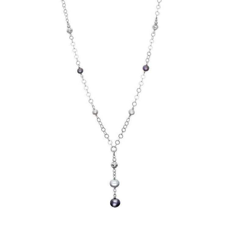 Sterling Silver Black Grey Pearl Ten Stone Bead Drop Necklace