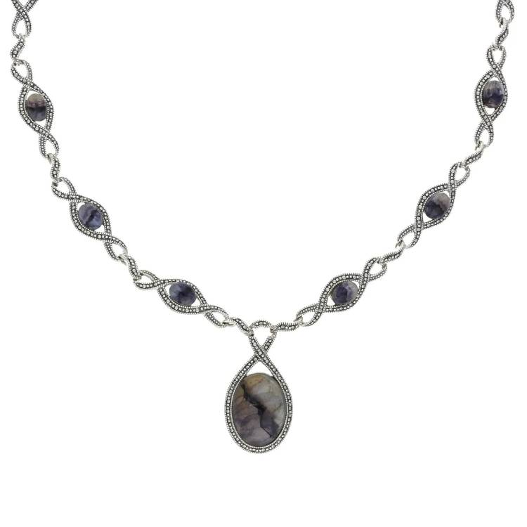 Sterling Silver Blue John Marcasite Thirteen Stone Twist Link Necklace - Silver