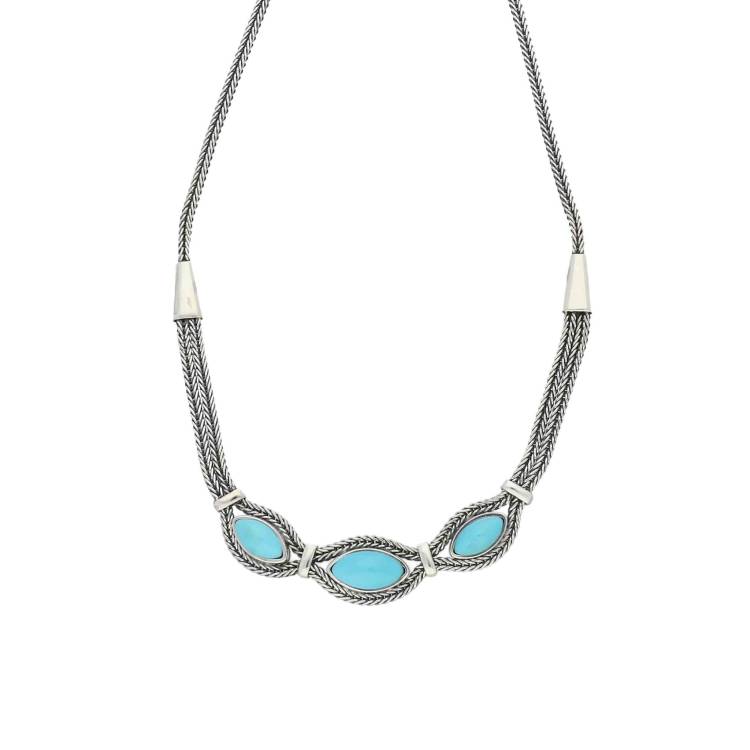 Sterling Silver Turquoise Foxtail Three Stone Marquise Necklace - Option1 Value Silver