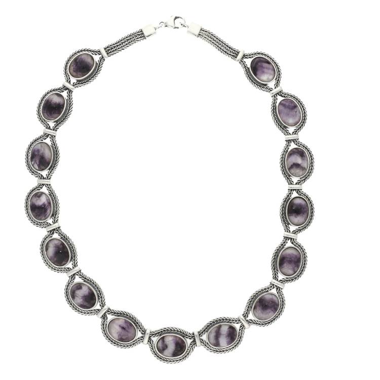 Sterling Silver Blue John Foxtail Oval Fifteen Stone Necklace - Silver