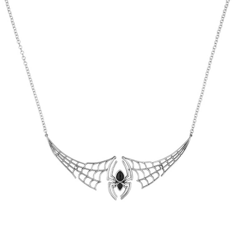 Sterling Silver Whitby Jet Spider Extended Web Necklace - Silver