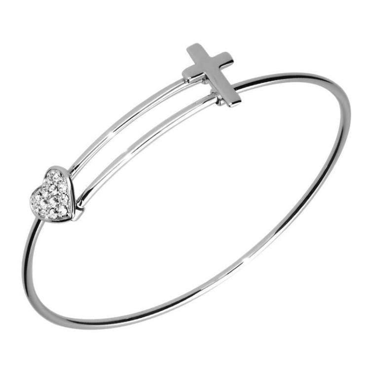 Sterling Silver NSPCC Cubic Zirconia Heart Cross Slide Bangle D - Silver