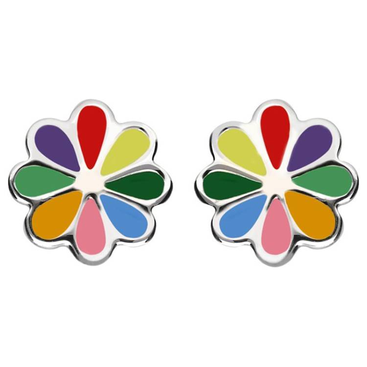 Sterling Silver NSPCC Enamel Multicoloured Eight Petal Flower Stud Earrings D - Silver