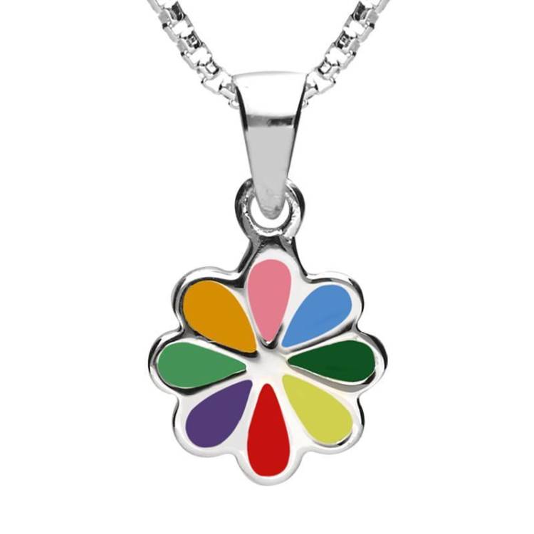 Sterling Silver NSPCC Enamel Multicoloured Eight Petal Flower Necklace D - Silver