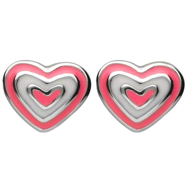 Sterling Silver NSPCC Enamel Pink and White Layered Heart Stud Earrings D - Silver