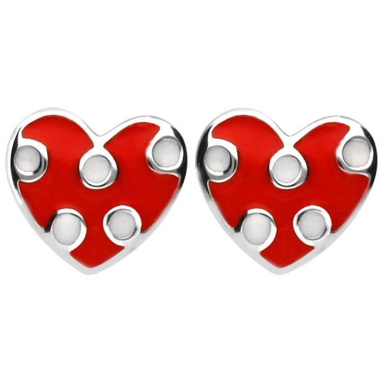 Sterling Silver NSPCC Enamel Red and White Spotty Heart Stud Earrings D - Silver