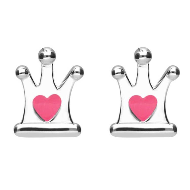 Sterling Silver NSPCC Enamel Small Heart Crown Stud Earrings D - Silver