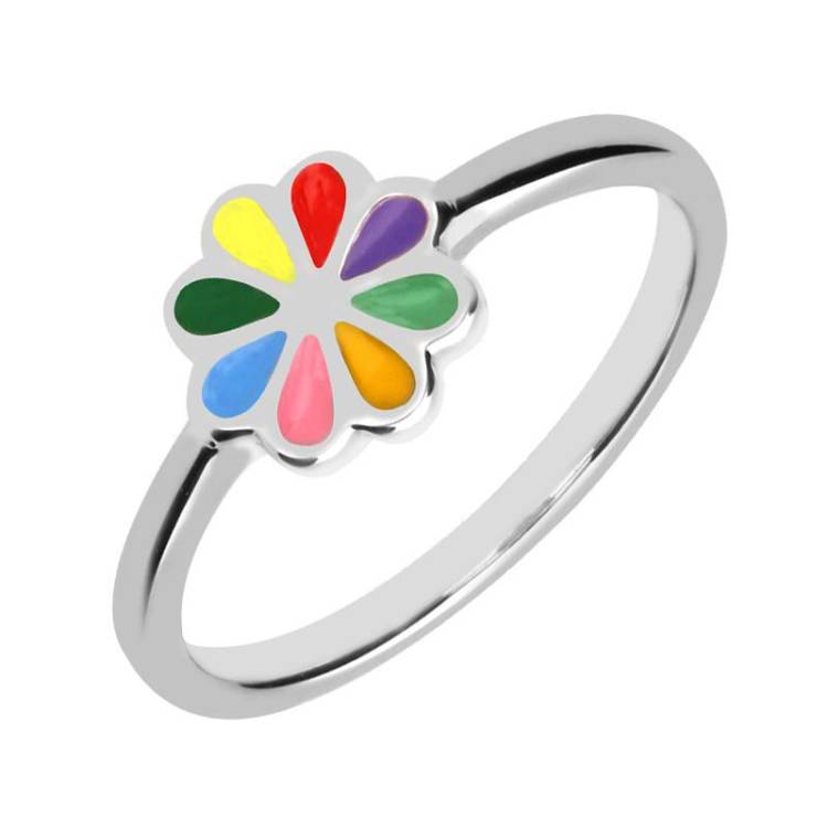 Sterling Silver NSPCC Enamel Multicoloured Eight Petal Flower Ring D - Silver