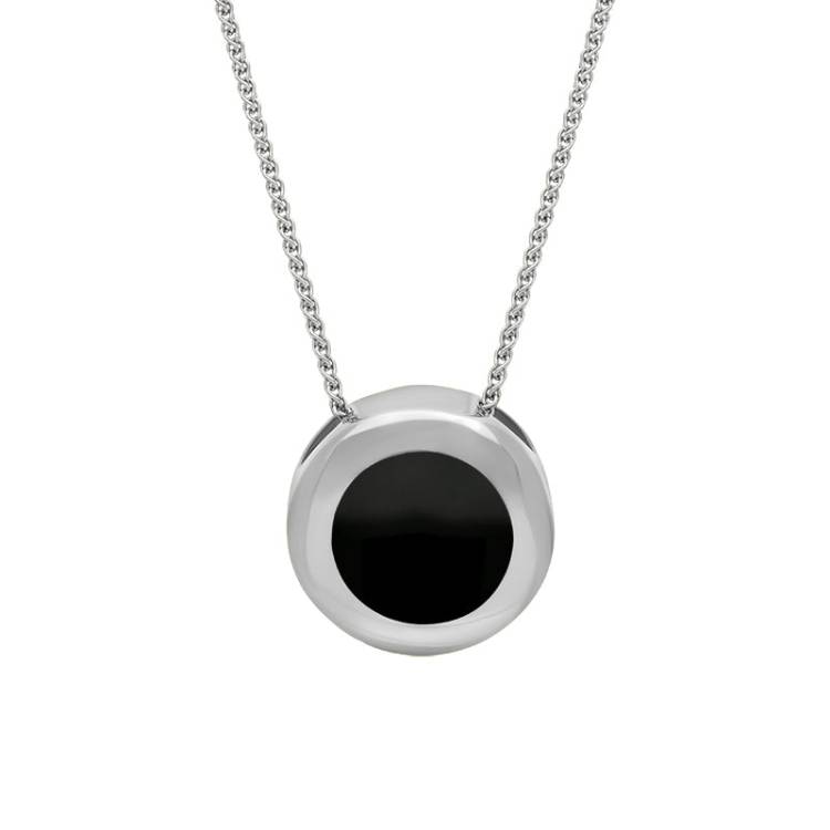 Sterling Silver Whitby Jet Framed Round Necklace - Silver