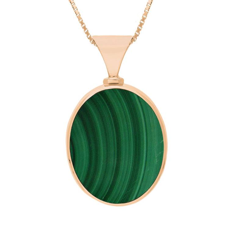 9ct Rose Gold Whitby Jet Malachite Hallmark Double Sided Oval Necklace - Gold