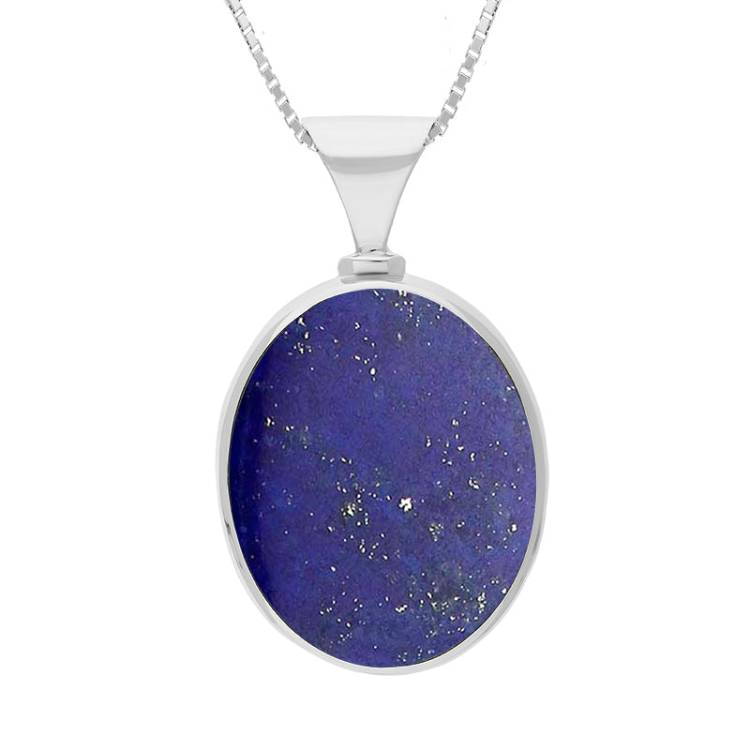 9ct White Gold Whitby Jet Lapis Lazuli Hallmark Double Sided Oval Necklace - Gold