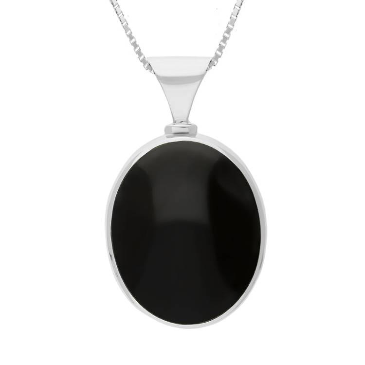 9ct White Gold Whitby Jet Mother of Pearl Hallmark Double Sided Oval Necklace - Gold