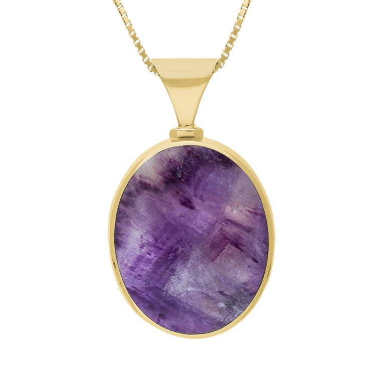 9ct Yellow Gold Blue John Whitby Jet Hallmark Double Sided Oval Necklace - Gold