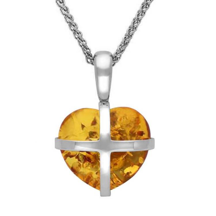 Sterling Sterling Silver Amber Small Cross Heart Necklace - Option1 Value Silver