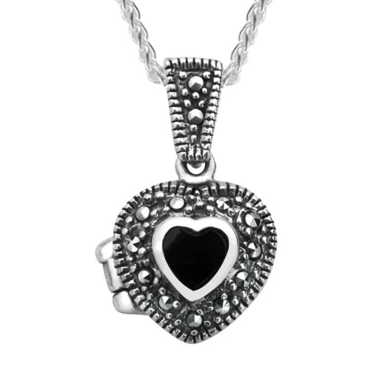 Sterling Silver Whitby Jet Marcasite Small Bead Edge Heart Locket - Silver