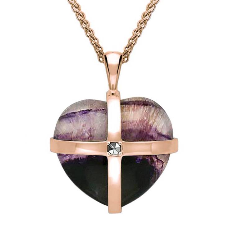 9ct Rose Gold Blue John One Marcasite Medium Cross Heart Necklace - Gold