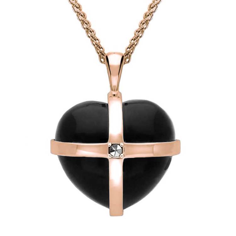 9ct Rose Gold Whitby Jet Marcasite Medium Cross Heart Necklace - Gold