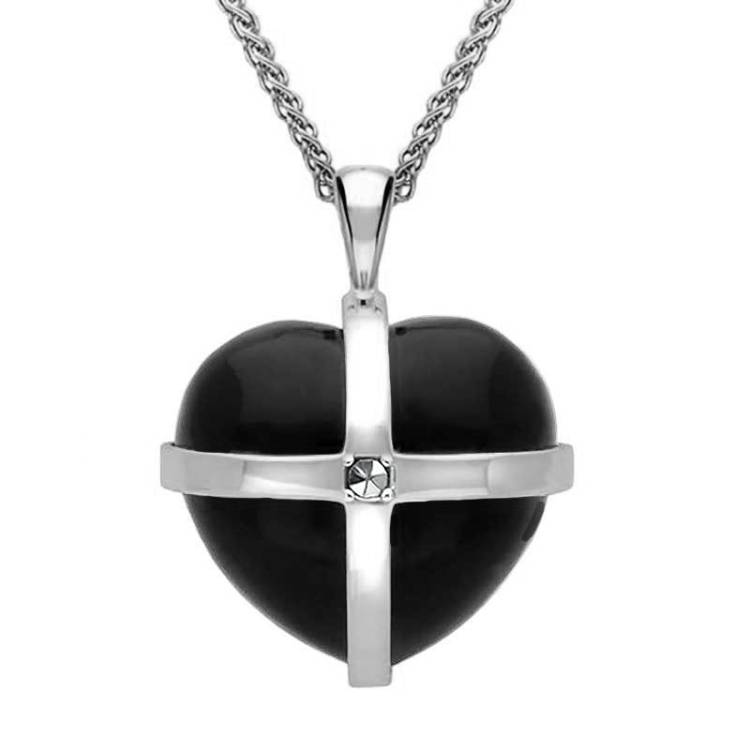 9ct White Gold Whitby Jet Marcasite Medium Cross Heart Necklace - Gold
