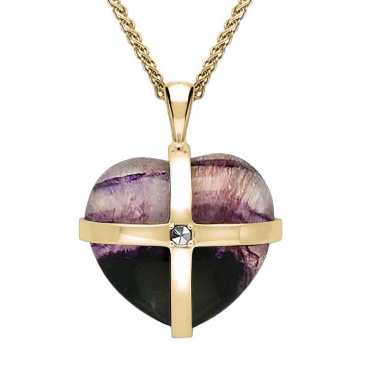 9ct Yellow Gold Blue John Marcasite Medium Cross Heart Necklace - Gold