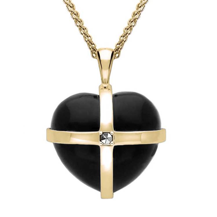 9ct Yellow Gold Whitby Jet Marcasite Medium Cross Heart Necklace - Gold