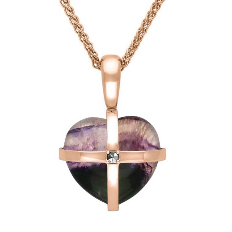 9ct Rose Gold Blue John Marcasite Small Cross Heart Necklace - Gold