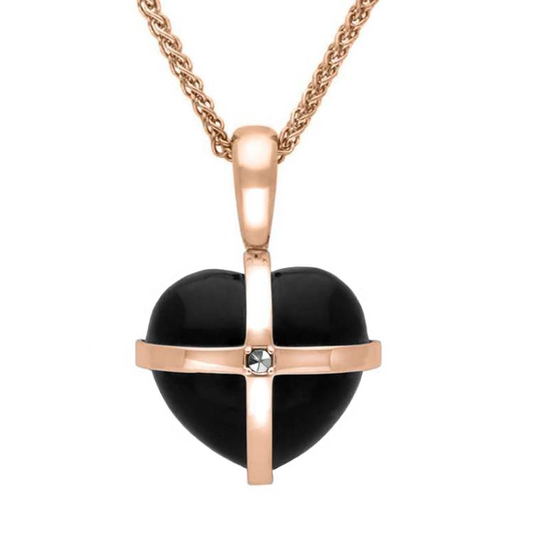 9ct Rose Gold Whitby Jet Marcasite Small Cross Heart Necklace - Gold