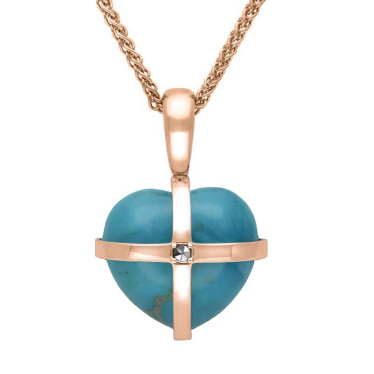 9ct Rose Gold Turquoise Marcasite Small Cross Heart Necklace - Gold