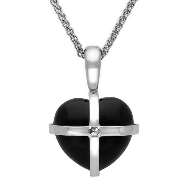9ct White Gold Whitby Jet Marcasite Small Cross Heart Necklace - Gold