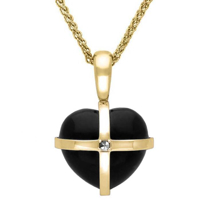9ct Yellow Gold Whitby Jet Marcasite Small Cross Heart Necklace - Gold
