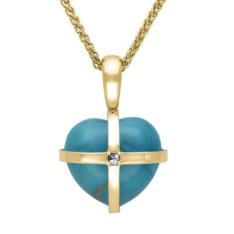 9ct Yellow Gold Turquoise Marcasite Small Cross Heart Necklace - Gold